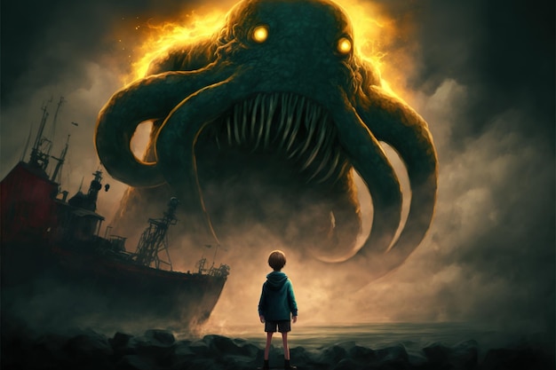 Dark fantasy scene showing a kid standing on a giant monster with blistering skin and tentacles digital art style illustration painting fantasy concept of a kid near the giant monster