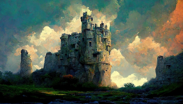 Dark fantasy stone castle fortress illustration