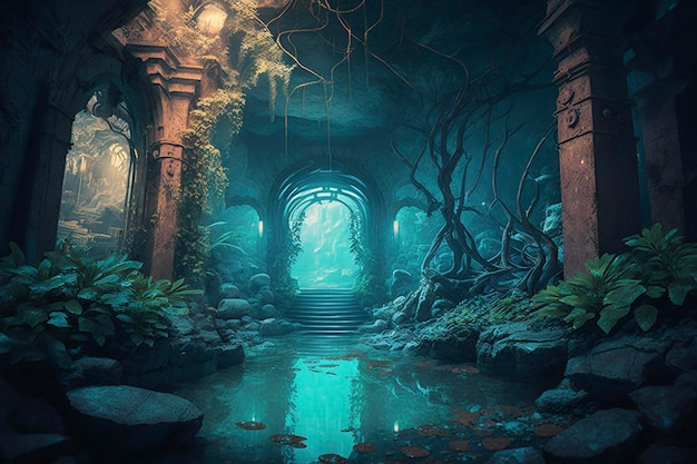 темный фантастический подземный город, построенный на сети каналов и рек с водопадами вдалеке