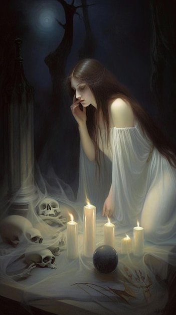 A dark fantasy with a woman and candles.