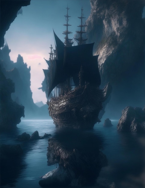 dark fantasy world sea ship illustration