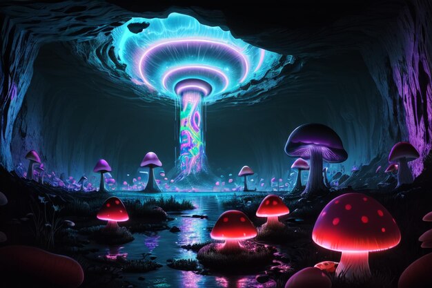 A dark fantasy world with a mushroom and a mushroom on the ground.