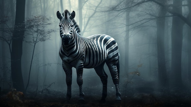 Темная фантазия Зебра в туманном лесу Гиперреалистическое 3D-искусство