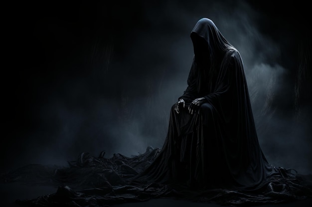 Premium Photo  A dark figure in a black robe sitting on the ground