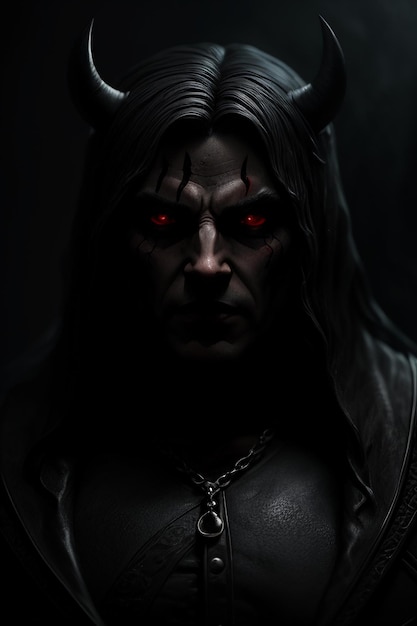 A dark figure of a demon with red eyes and a chain around his neck.