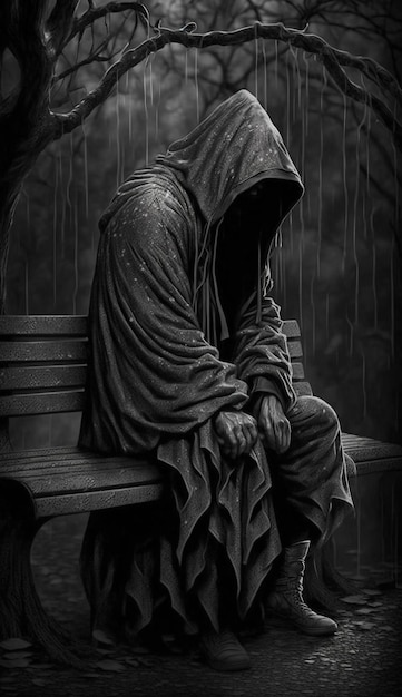 A dark figure sits on a bench in the rain.