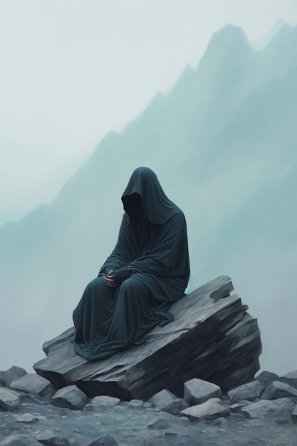 Темная фигура сидит на скале перед горой.