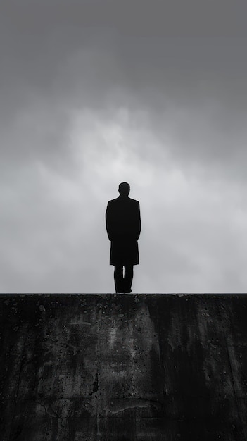 A dark figure stands on a wall looking out over a bleak landscape