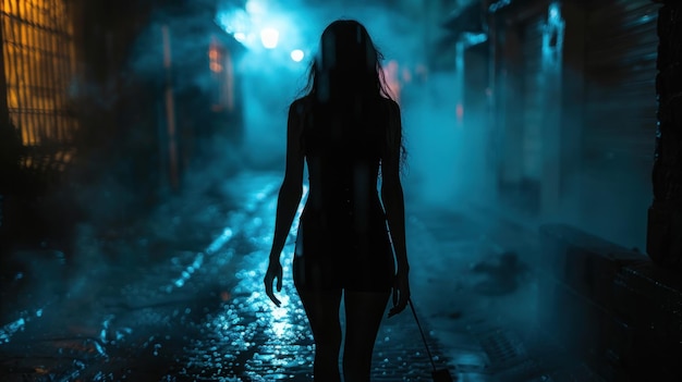 Photo a dark figure walking down a wet alleyway at night