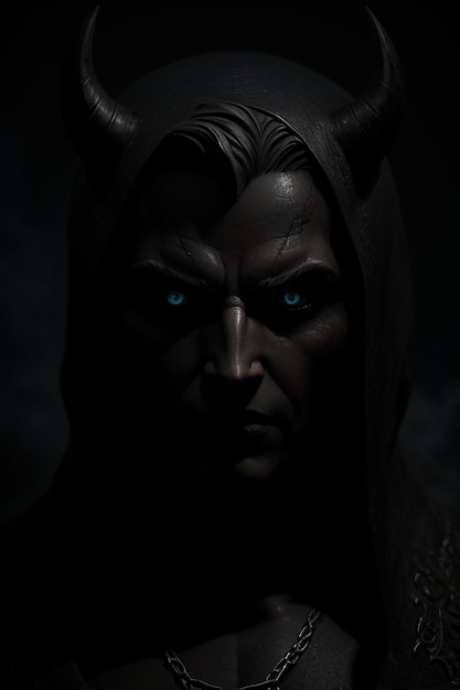 A dark figure with blue eyes and a black hood with horns.