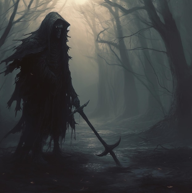 손에 칼을 든 어두운 인물이 어두운 숲에 서 있습니다.