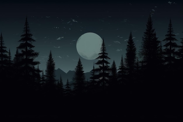 写真 暗い松の木と夜の満月のシルエット