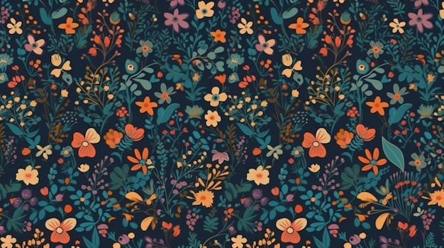 A dark floral pattern with a colorful flower on the dark background.