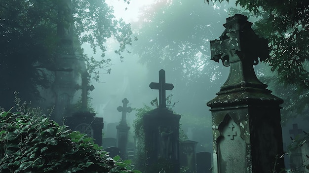 Photo a dark and foggy cemetery with a large ornate cross in the foreground the other headstones and crosses are shrouded in mist