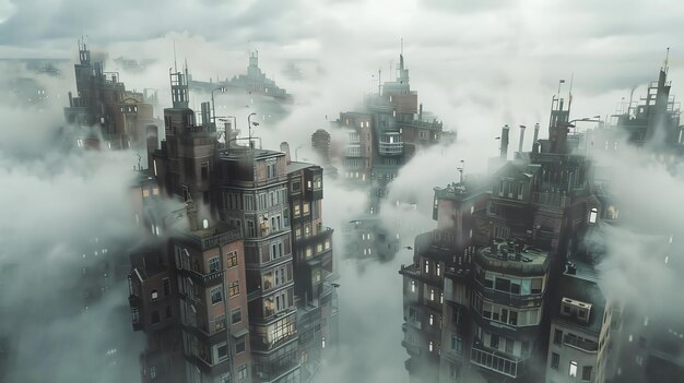 Photo a dark and foggy cityscape the buildings are tall and imposing and the clouds are thick and oppressive