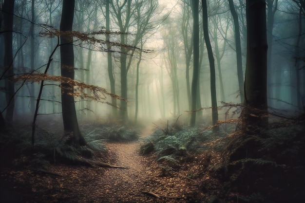 Темный туманный лес в фокусе