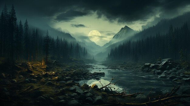 Photo dark foggy mountain forest landscape dark night scene fantasy nature fantasy landscape with a mountain in the middle dark night scene