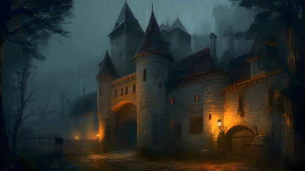 Dark foggy night scene with gothic medieval stone castle building neural network generated image