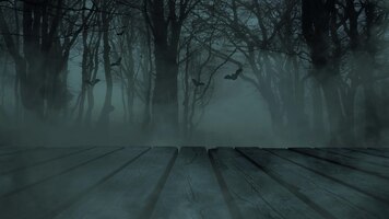Dark foggy scary forest with bats and branches with a wooden table free copy space for product and design happy halloween