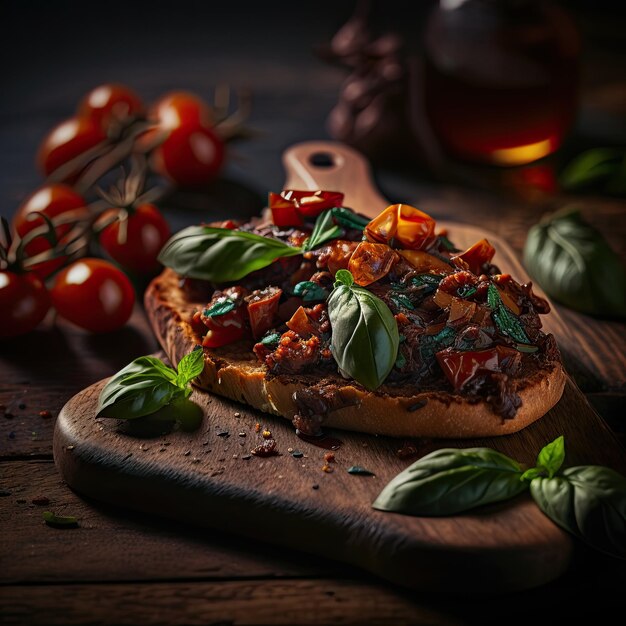 Темная еда Брускетта с полусушеными помидорами и базиликом на деревянном винтажном столе AI Generated