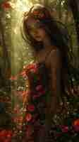 Photo a dark forest fairy in a dress made of foliage