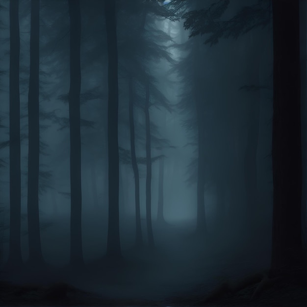 A dark forest filled with eerie shadows and a mysterious fog Halloween Background