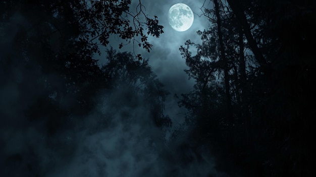 Foto foresta buia scena buia e cupo con alberi grande luna luce di luna generativo ai