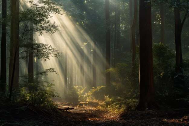 Dark forest landscape with light beams filtering through trees