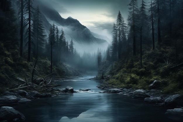 dark forest in the middle of a river and trees