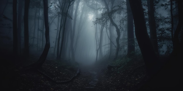 Dark forest Misty spooky forest or woods at night