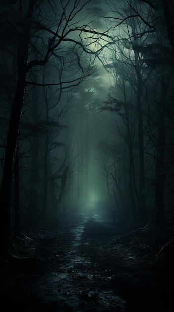 a dark forest at night with trees and moonlight