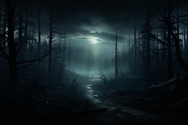 a dark forest at night with trees and a stream