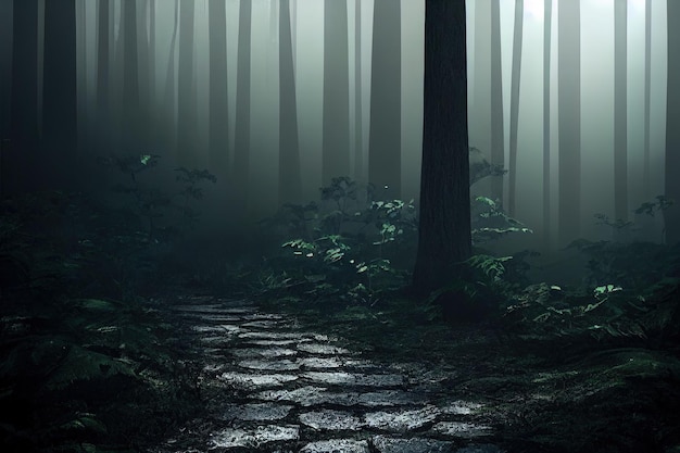 Premium Photo | Dark forest panorama path in magical scary forest at night  digital painting