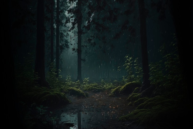 Dark forest rainy aesthetic background witchcraft magic wallpaper AI Generated