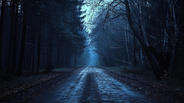 dark forest road at night horror halloween landscape Generative Ai