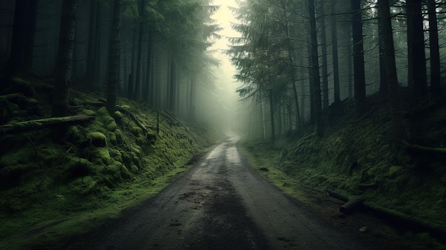 A dark forest road with a path leading to the fog.