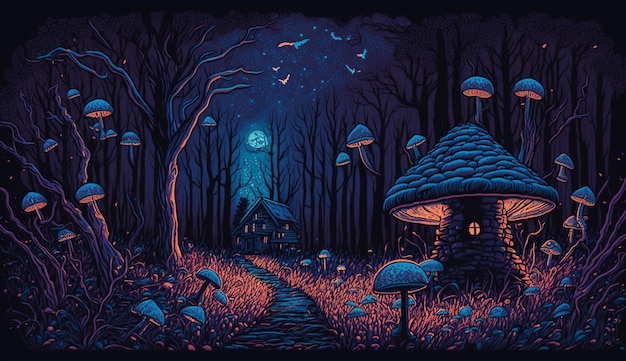 버섯 집과 버섯 집이 있는 어두운 숲 장면.