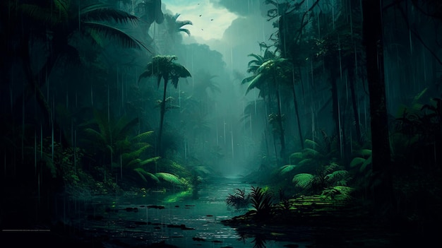 Темный лес и тропические джунгли с темным туманом Генеративный ИИ