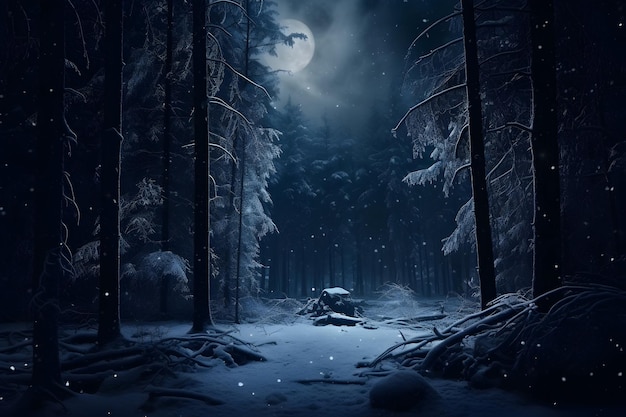 Dark forest in winter moonlight