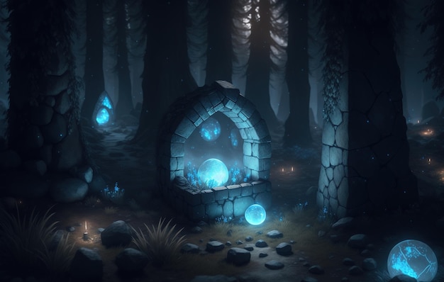 A dark forest with a blue light and a stone arch with a stone arch.