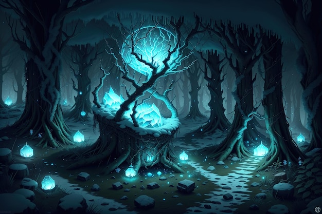 A dark forest with a blue light and a tree with a stone path.