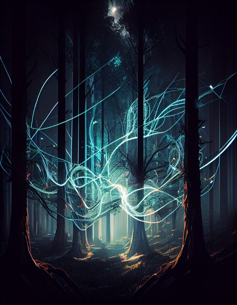 A dark forest with a blue light and a tree with the word light on it.