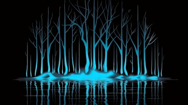 A dark forest with blue trees on the bottom.