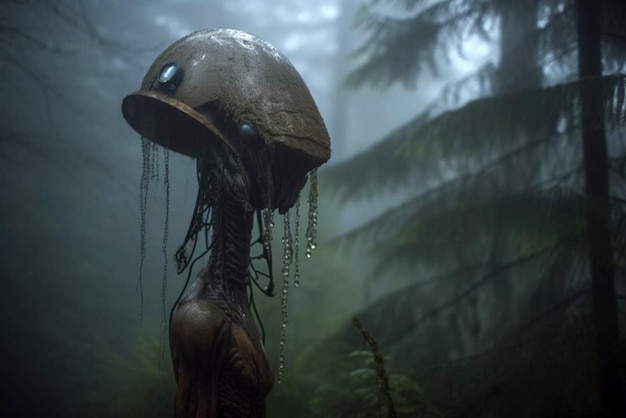 A dark forest with a creepy creature with a large mushroom on its head.