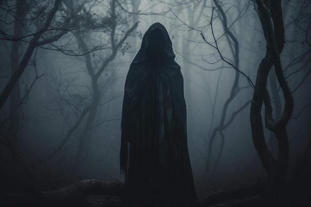 a dark forest with a dark silhouette of a man in a dark cloak.