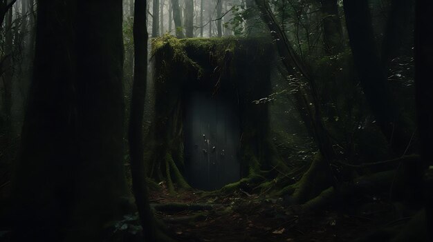 A dark forest with a dark tunnel in the background