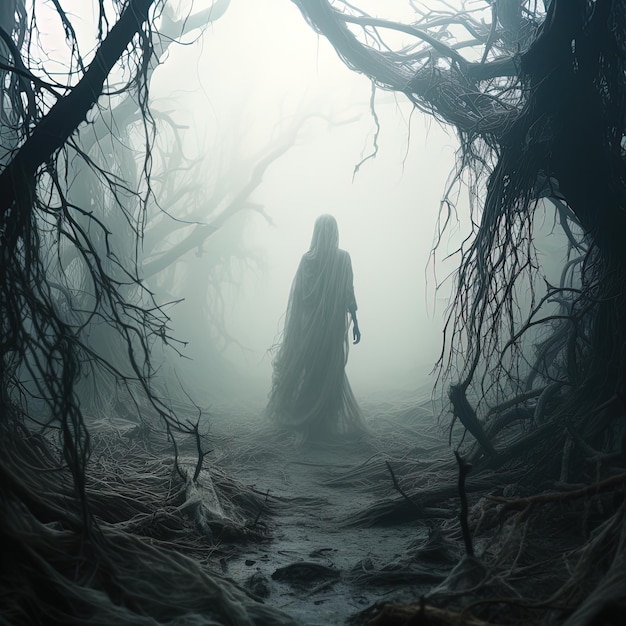 a dark forest with a figure in the middle of it