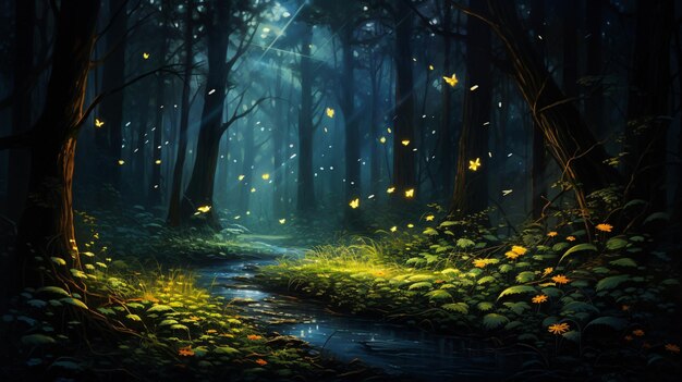 Dark forest with fireflies