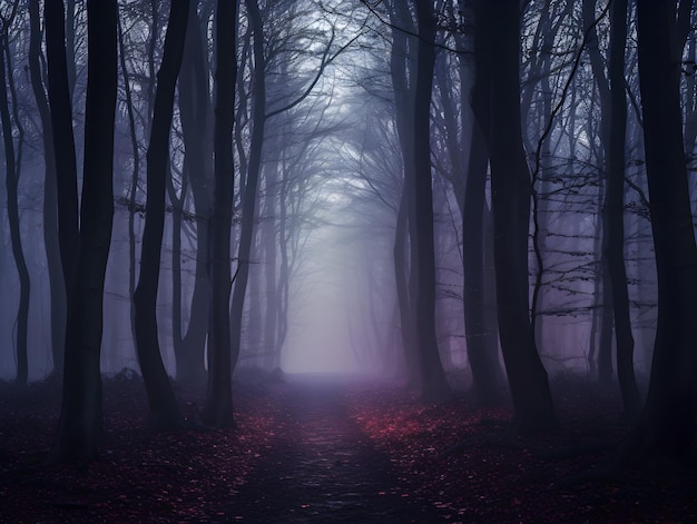 Dark forest with fog and beautiful colors hazy forest Road or path through dense tree forest