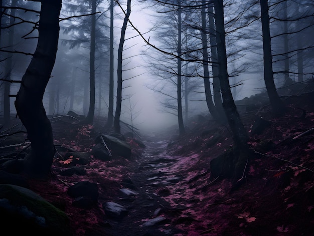 Dark forest with fog and beautiful colors hazy forest Road or path through dense tree forest